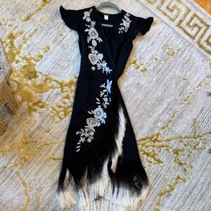 Black wrap Dress with fringe with White Embroidery perfect for dancing